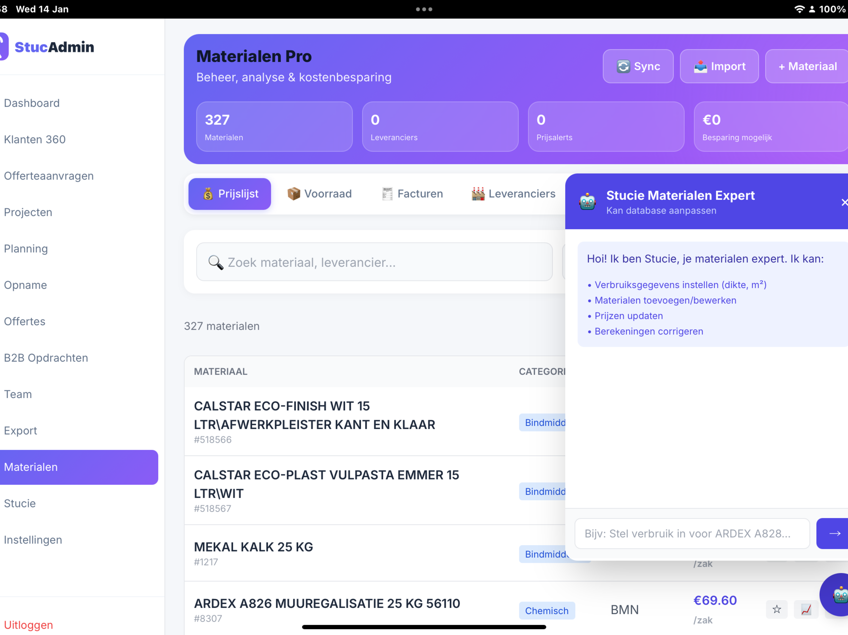 Materialen met prijslijst