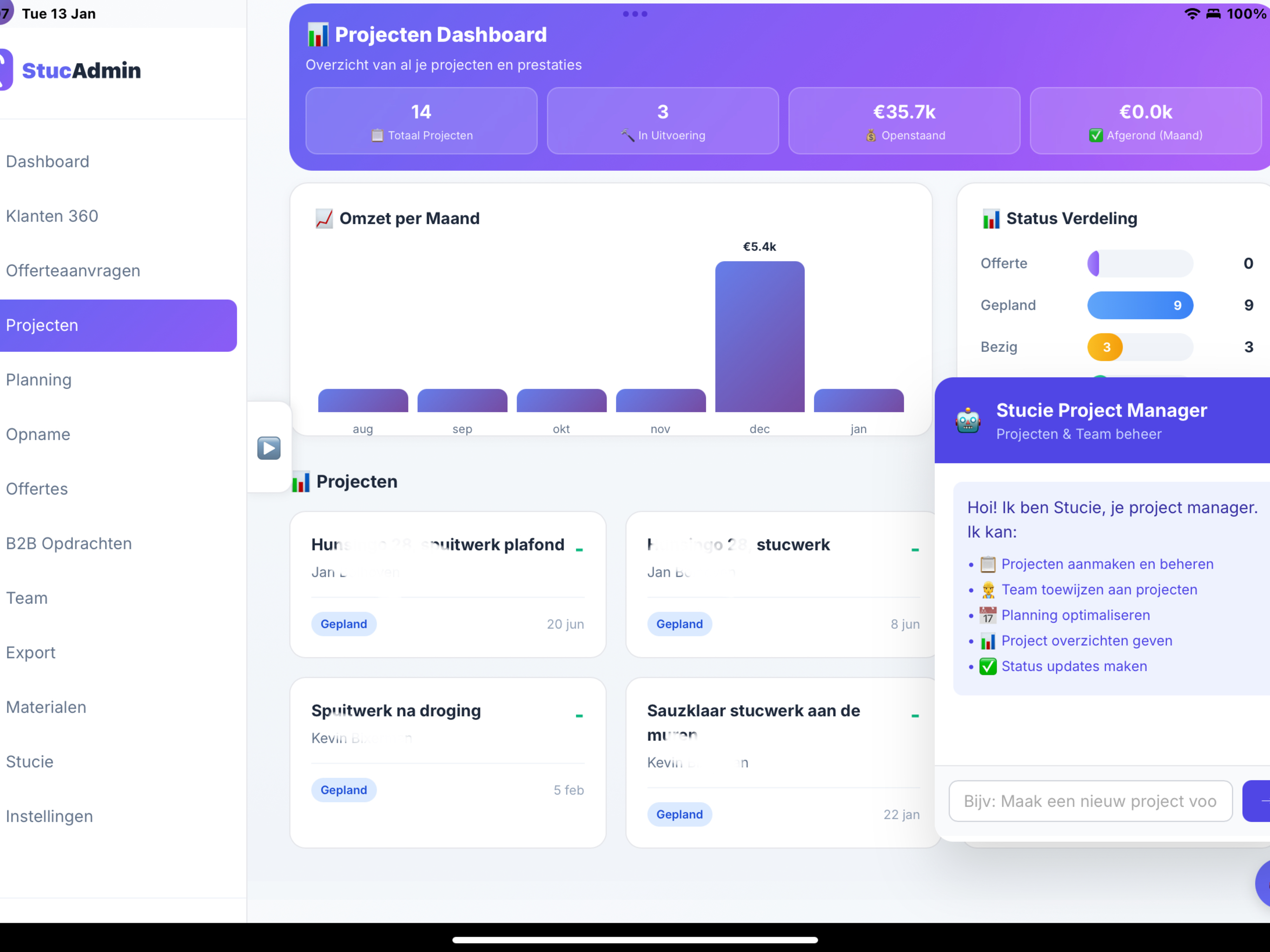 StucAdmin Projecten Dashboard