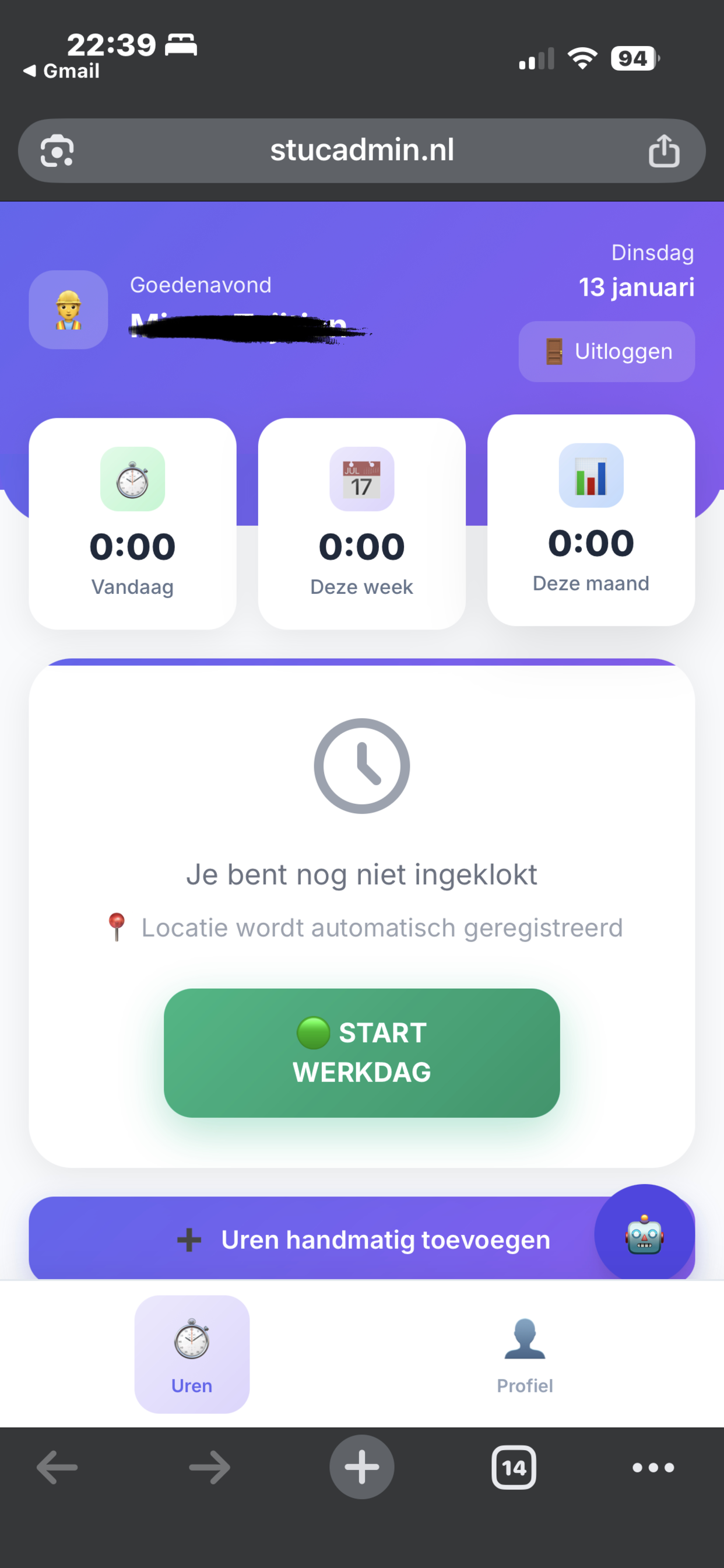 StucAdmin Uren - Start Werkdag